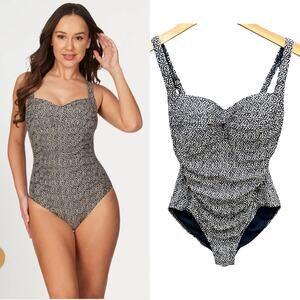 NIP TUCK SWIM Womens 6 One Piece Suit Navy Gold Nautical Foil‎ Tummy Control